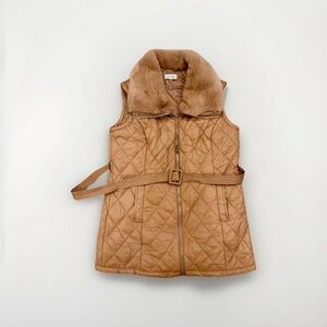 NWT Calvin Klein Women's Quilt Faux Fur Collar Belted Vest Beige/Cafe Ole Size M
